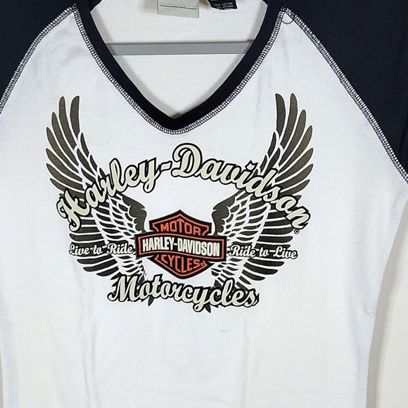 Harley Davidson T Shirt V Neck Raglan Tee Live to Ride Black/White M Flawed - Picture 3 of 6